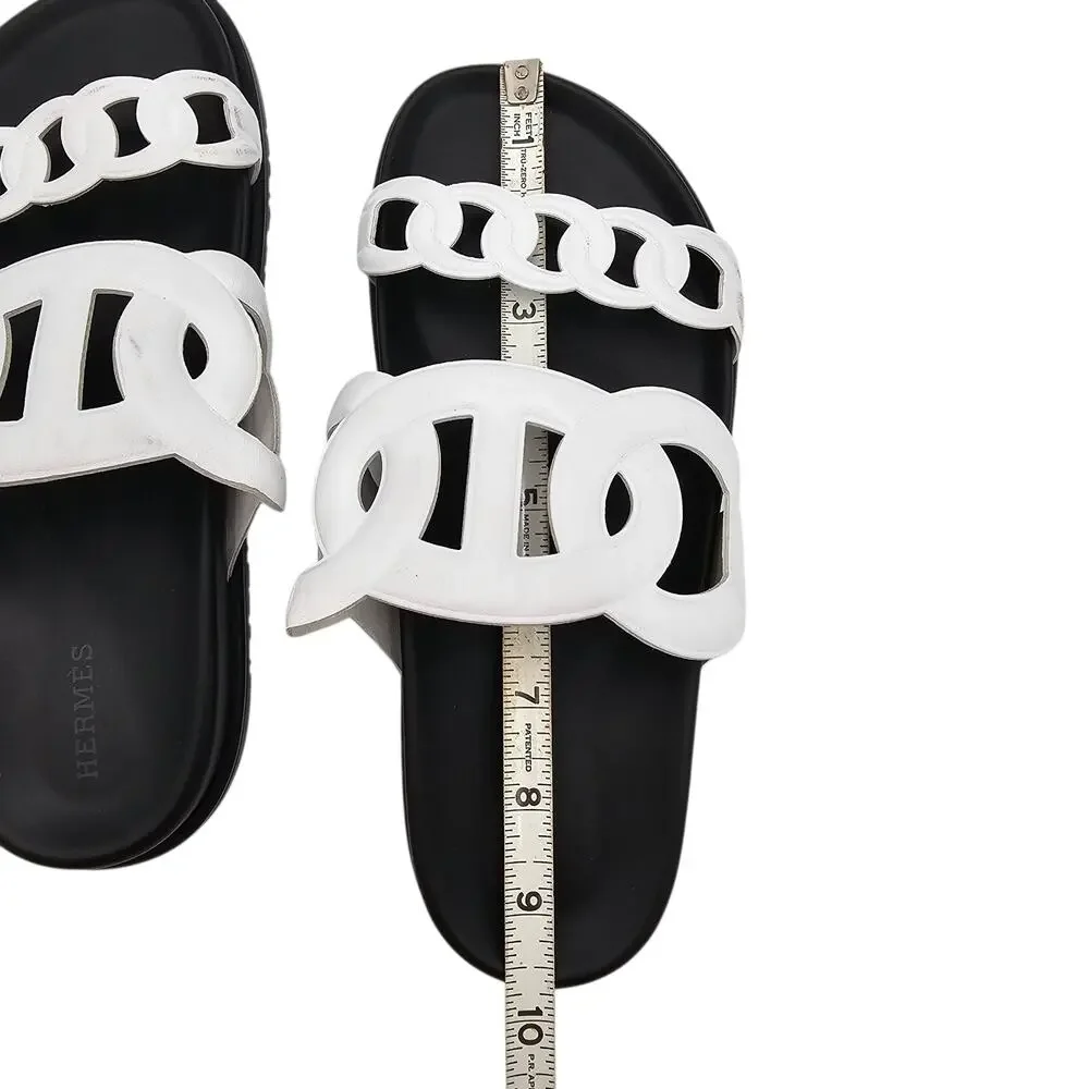 Hermes Extra Sandal Flat Slide Double Strap Black White Leather Size 38 US 8